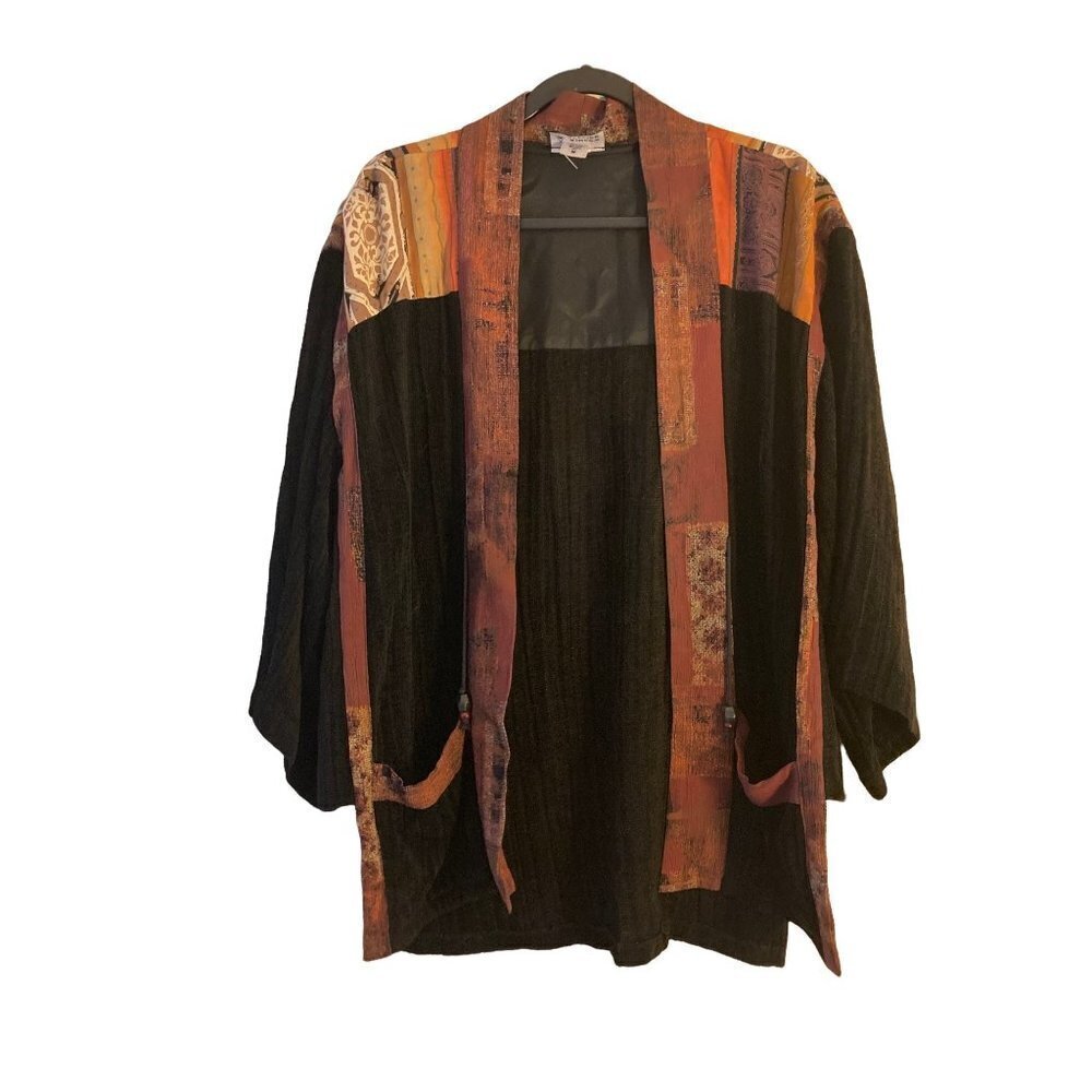 Kimono Jacket in Black Rust Trim Art To Wear Lagenlook Pockets Beads VTG
